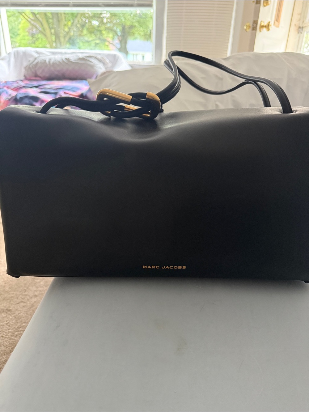 Marc Jacobs Black Leather Shoulder Tote with Gold Hardware